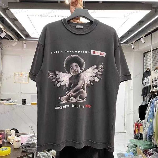 T-shirts masculina Black Angel Print Wash Wast-Sirt Man T230419