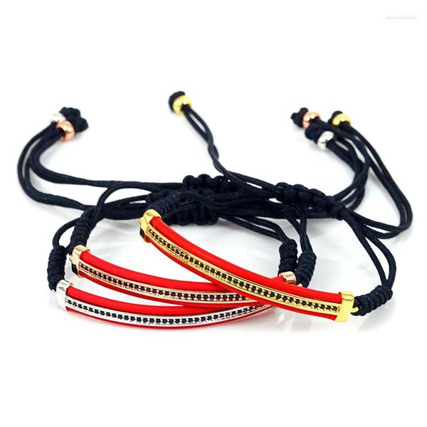 Strand 5pcs Charms Men Jóias Rosa Gold Color Bar Strip With Red Leather Pave Black CZ Zircão Ajustável Macrame unissex Bracelete