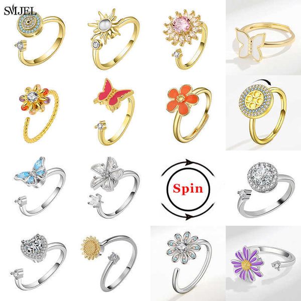 A banda toca novo spinner de anel de ansiedade de luxo anéis mulheres corea Crystal Daisy Butterfly Flowers Anel Girando Jóias de Jóias de Estresse