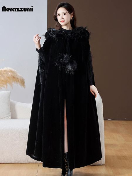 Kadın Ceketleri Nerazzurri Sonbahar Kış uzun Siyah Sıcak Velvet Pelerin Sahte Kürk Trim Hood Lüks Maxi Goth Giysileri 2023 231118
