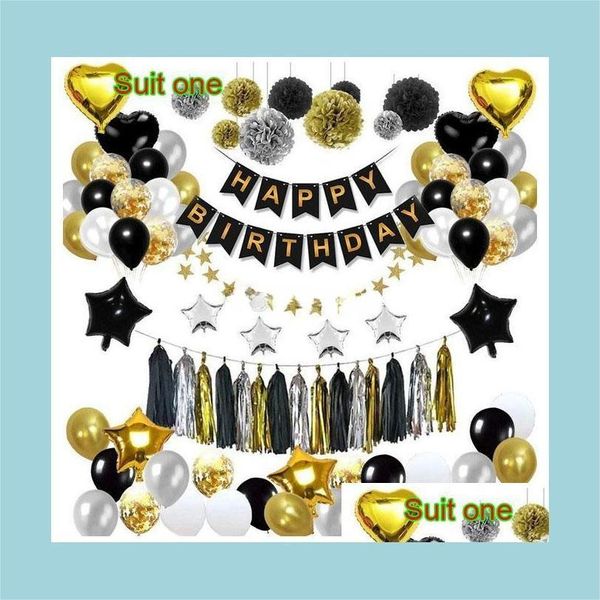 Party Dekoration Schwarz Gold Ballon Pl Flagge Geburtstag Layout Fischschwanz Quaste Papier Blume Ball Fünfzackiger Stern Paket Tropfen Liefern Dhiau