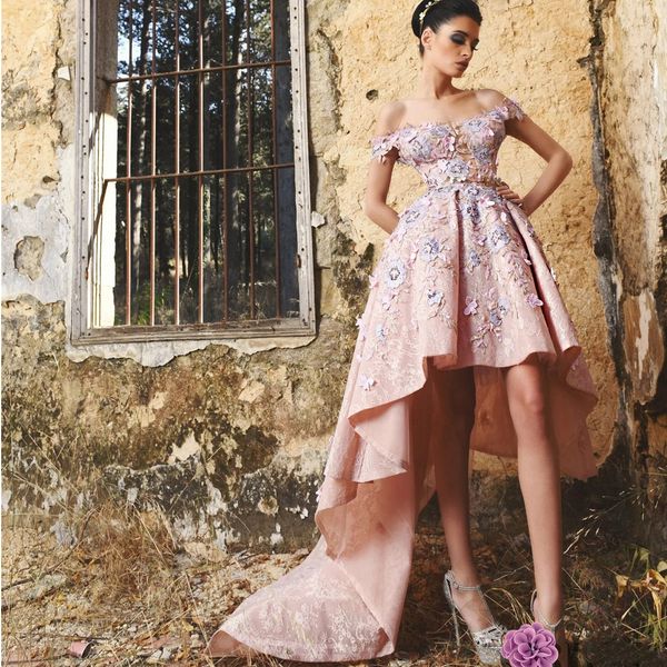 Rosa Ballkleider, hoch niedrig, rosa Spitze, 3D-Blumenapplikationen, schulterfrei, A-Linie, elegante Abendkleider für Mädchen