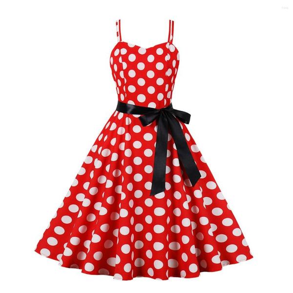 Vestidos casuais sishion polka ponto vintage spaghetti strap a-line verão para mulheres 2023 férias de férias férias de férias pin up vestido vd3317