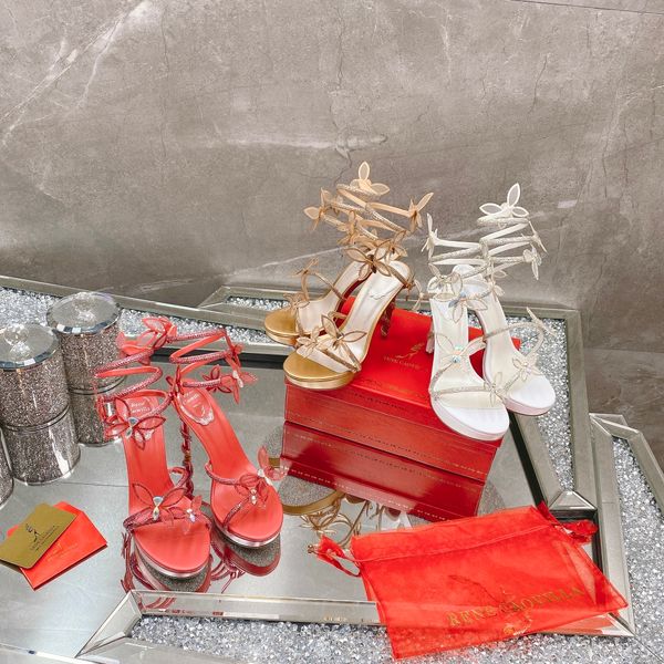 Yeni Sezon Ayakkabıları Rene Caovilla Sandalet Kelebek-Detay Kristal Düzenli Sandallar Spiral bağlı tasarım ayak bileği kayış markalı iç taban ve yüksek stiletto topuk Rene 34-43