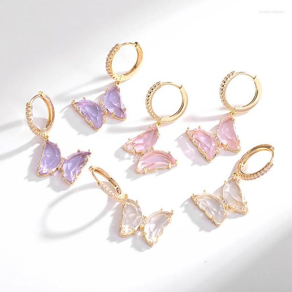 Orecchini penzolanti Butterfly Crystal Butterfly Zirconia Cucciolo Gold Colore per donne Red Purple Giallo Earinga Gioielli