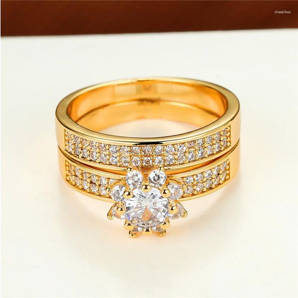 Anéis de casamento Luxo feminino feminino de pedra branca anel clássico de coloração de ouro amarelo Cristal de flores para mulheres