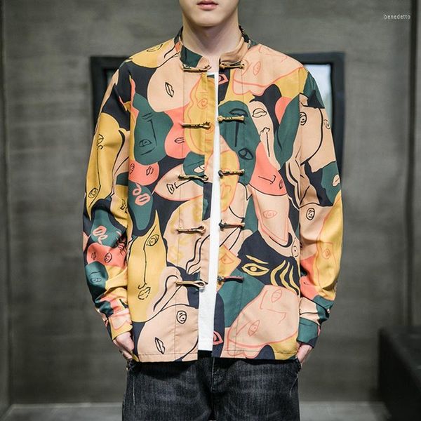 Мужские повседневные рубашки мужчины Coats Spring Trend Print китайский стиль рубашка Man 2023 Осень с длинным рукавом воротнич