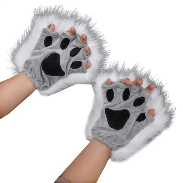 Guantes de cinco dedos 066F 1 par de guantes de pata de lobo de felpa manoplas de medio dedo patas de zorro para cachorros accesorio de disfraz para adultos unisex para Halloween 231118