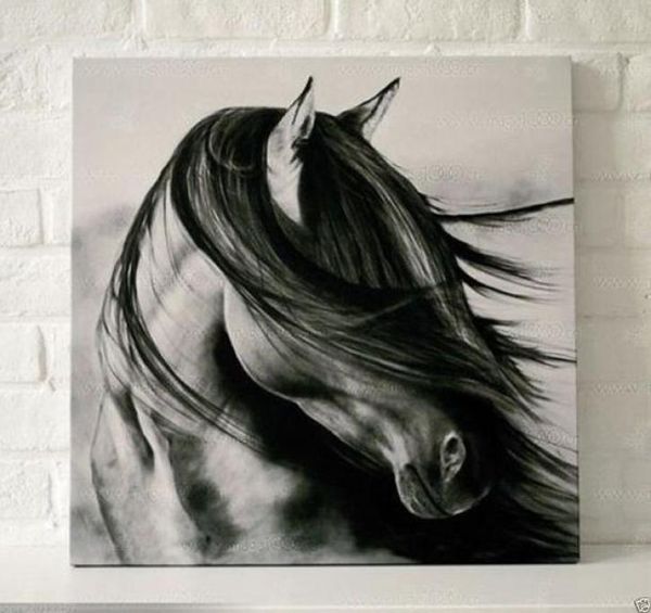 Cavallo bianco nero incorniciatoDipinto a mano puro contemporaneo DECORAZIONE DELLA PARETE Pittura a olio di arte su tela di alta qualitàMulti dimensioni disponibili m3678397