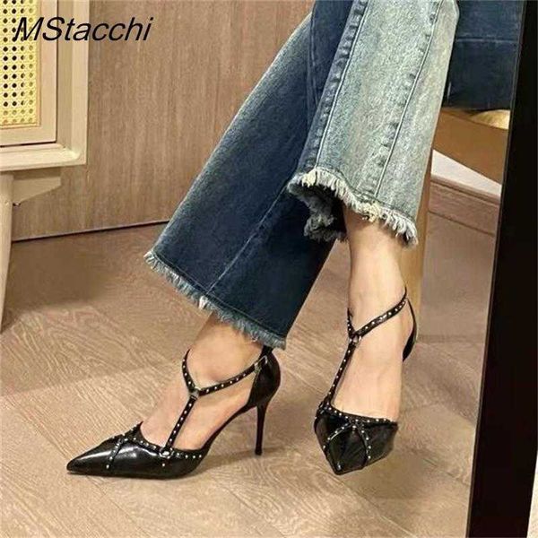 Sandals Brand Luxury Women Pumps Rivet Ponto Adoe calcanhar fino Sapato Black Party Ladies Stiletto High Heeled para 230406