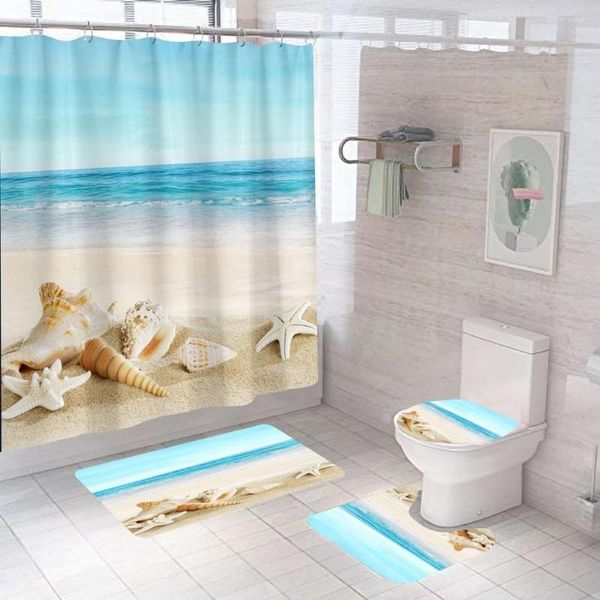 Cortinas de chuveiro Ocean Beach Cortina Conjunto de ondas Starfish Conch Nature Cenário decoração de banheiro carpete não deslizamento Tapete de tapete tampa da tampa da tampa