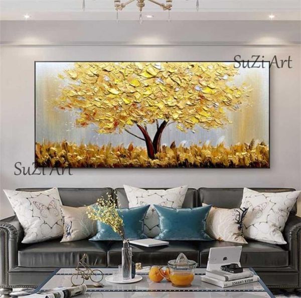 100 el yapımı büyük altın para ağacı boyama tuval üzerinde modern peyzaj yağlı tablo duvar sanat resmi ev ofis dekor 2109279830873