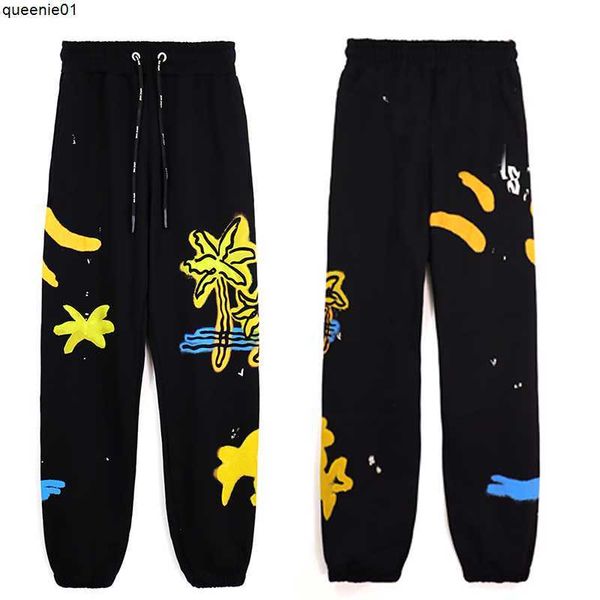 Calças pretas masculinas joggers calças designer coqueiro impressão solta casual moletom