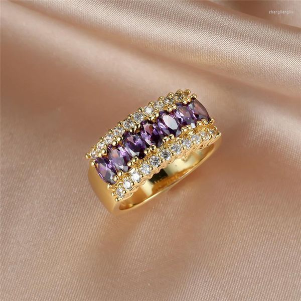 Anéis de casamento Luxo Feminino Feminino Purple Cristal Stone Anel Charme Engajamento de cores de ouro para mulheres Folhas de zircão do dia dos namorados presente