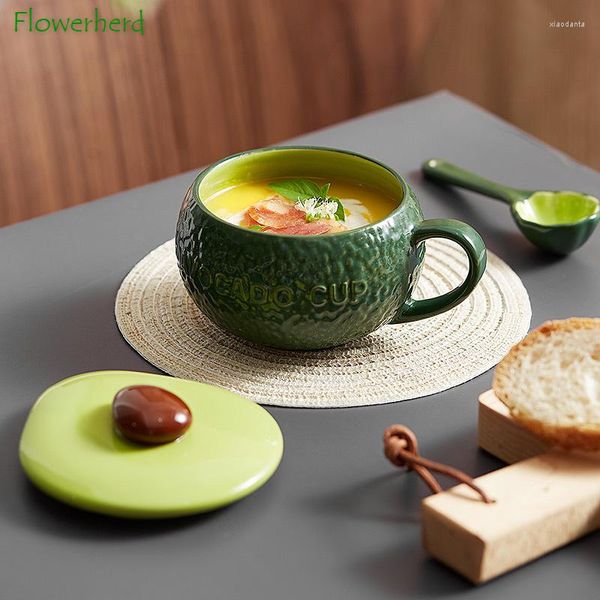 Tazze Avocado Verde Colazione Tazza di farina d'avena con coperchio Manico Cucchiaio Femmina carino Caffè Uovo al vapore Tazza di latte Acqua in ceramica