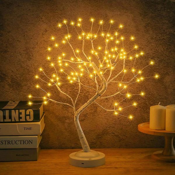 Oggetti decorativi Figurine LED Betulla da tavolo Bonsai Albero Luce notturna Mini Lampada per albero di Natale 8 modalità USB/Batteria 231117