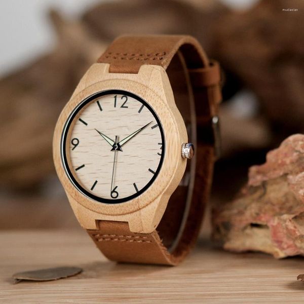 Armbanduhren BOBO BIRD Herrenuhr aus Holz, handgefertigt, mit leuchtenden Zeigern, Modequarz, mit echtem Lederband, Papierbox