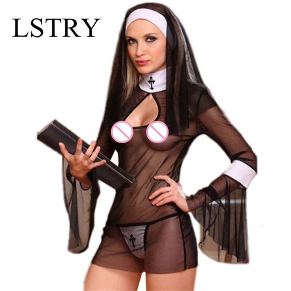 Sexy Set Costume Donna Cosplay Suore Uniforme Lingerie trasparente Suora esotica Costumi di Halloween Abito Abito Abbigliamento 230419