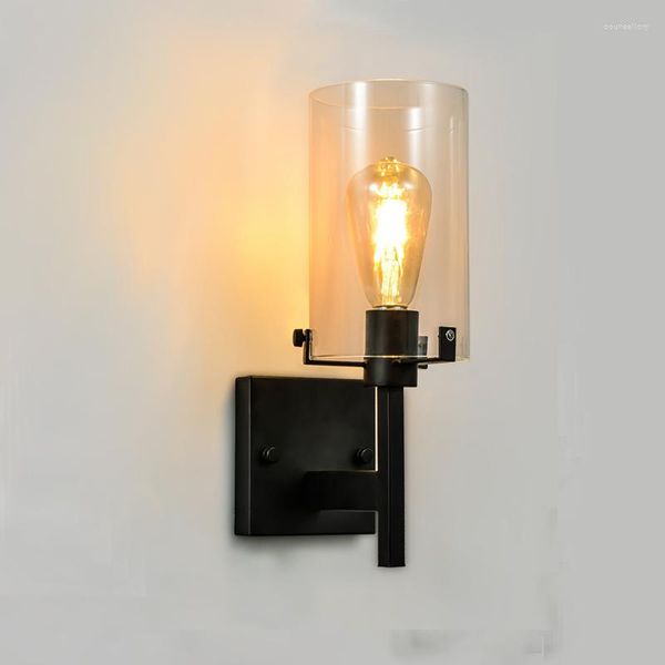 Lampade da parete Applique per lampade industriali Paralume in vetro trasparente in metallo nero Lampadina E27 Lampade per interni per corridoio di vanità del bagno