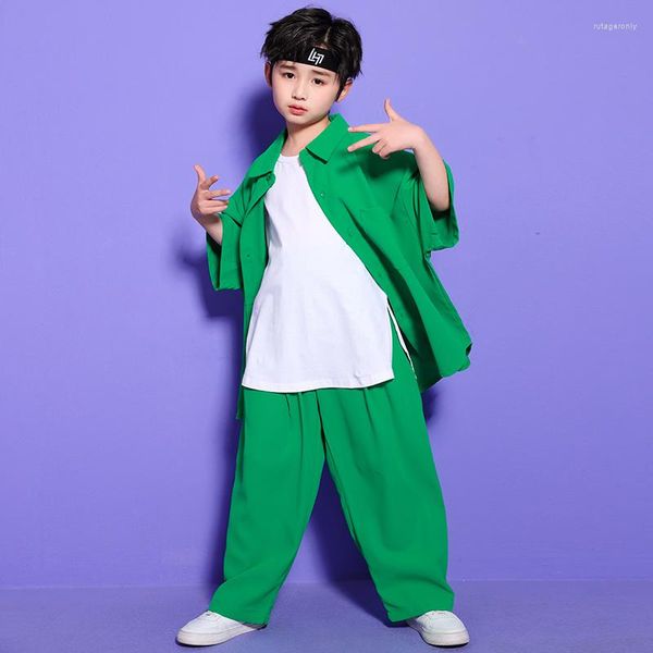 Stage Wear Kids Kpop Rave Roupfits Hip Hop Roupas de camisa verde solta Tops de rua de rua larga para meninos Jazz Dance Costume roupas