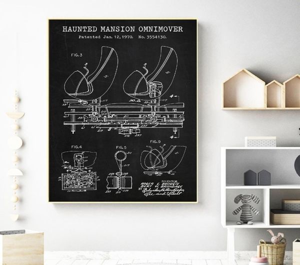 Vergnügungsfahrt-Patent-Poster, Vintage-Druck, Haunted Mansion Ride, Omnimover, Blaupause, Kunst, Leinwand, Malerei, Kinderzimmer, Wanddekoration, 6105747