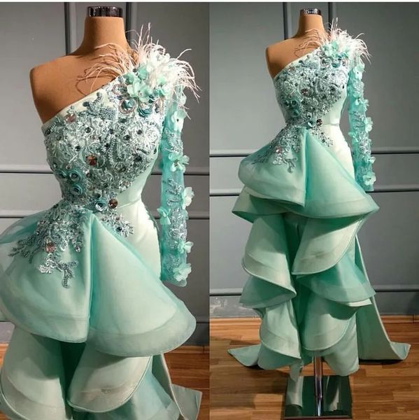 Hortelã verde alta baixa vestidos de noite um ombro 3d floral appliqued cristal pena vestido de baile festa wear luxo babados robes de soiree