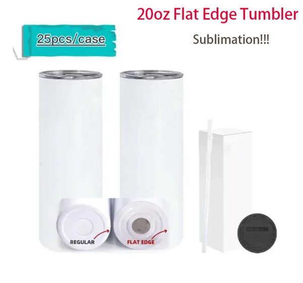 ABD Depo 20oz Sublimasyon Düz Edge Tumbler Sublimatable Paslanmaz Çelik İnce Tumblers ile Açık Saman Düz Tumbler Bira Kahve Kupaları Yerel Depo