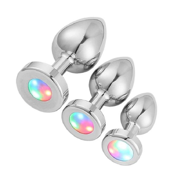 Plugue de metal anal LED com brinquedo sexual leve para casal luminoso Cork Prostate Massage Butt Plug Tail Brinquedos eróticos