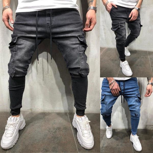 Jeans masculinos Men calças de hip-hop Big Pocket Pocket Skinny Zipper Slim Alta Qualidade Esporte Casual Esportet