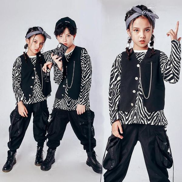 Stage desgaste infantil Hip Hop Dancing Roupeling Coloque Jaqueta sem mangas Zebra Camisa Top Top Tactical Crago Pants For Girl Boy Dance Costume