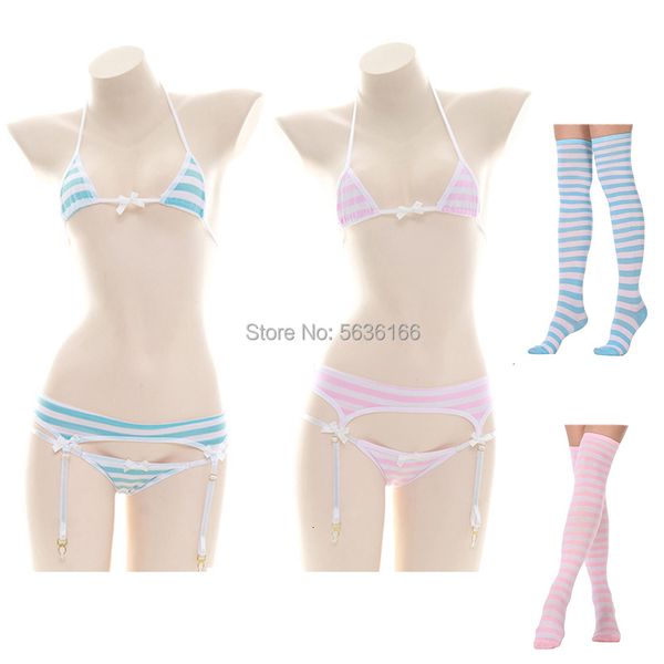 Сексуальное набор японское белье Lolita Kawaii Blue Pink White Striped Mini Bikini Bikini для взрослых косплей Эротические костюмы.