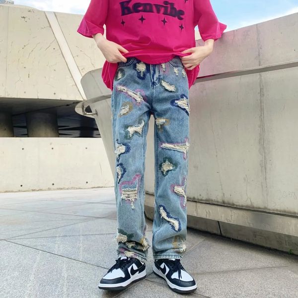 Мужские джинсы Джинсы с граффити Мужская уличная одежда Американская мода Джинсы Y2K Мужские брюки Эластичные вставки Цветные дырки с рисунком Джинсовые брюки мешковатые джинсы 231118
