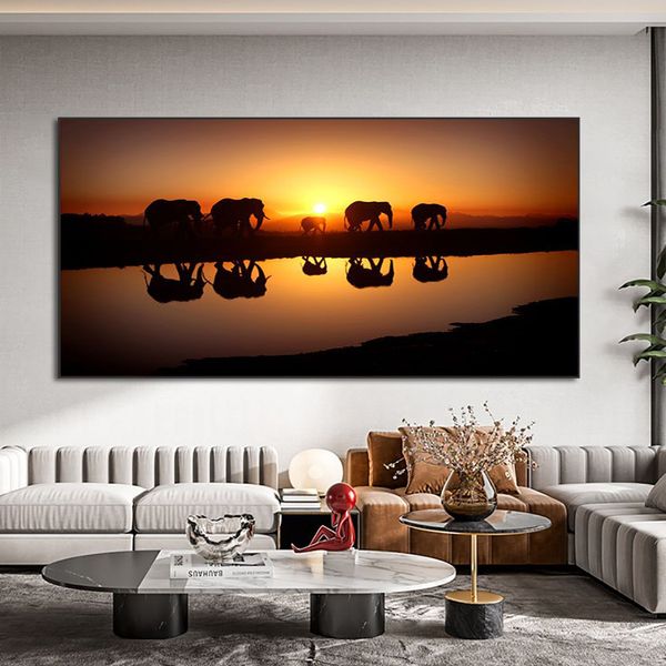 Canvas pintando cinco afrian elefante pôr do sol Pintura a óleo sobre tela de pôsteres escandinavos e impressões de cuadros imagens de arte de parede para sala de estar