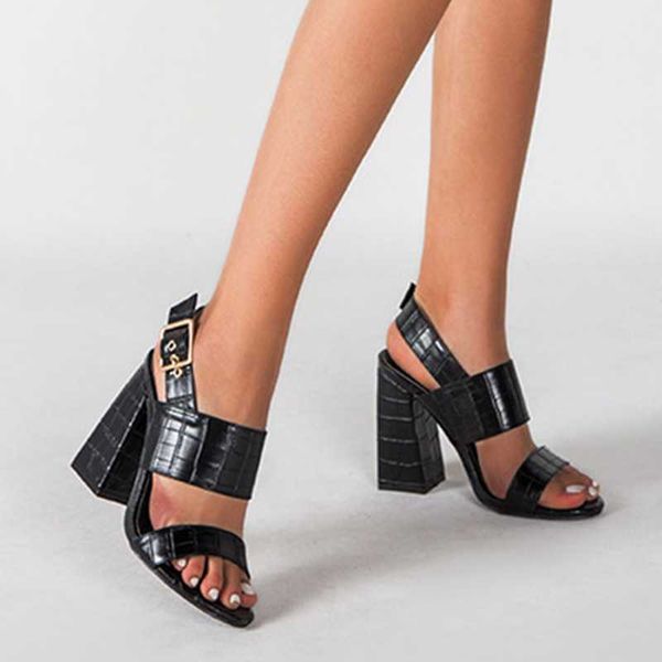 Sandalet toka kayış taş desen çift bant yüksek tıknaz topuk terlik yuvarlak açık ayak parmağı kadınlar yaz ayakkabıları bayanlar pompalar
