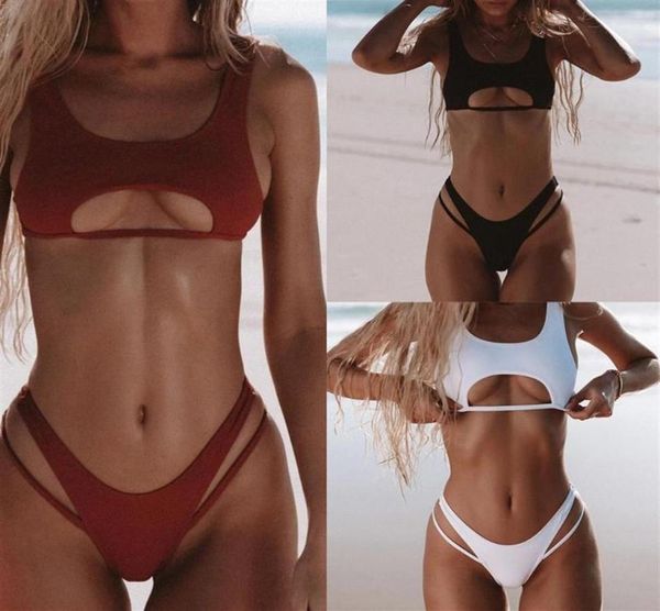 Ternos de uma peça Mulheres Sexy 2pcs Bikini Set Scoop Neck Recorte Sutiã Top Colheita Maiô Atrevido Fundo Alto Corte Cor Sólida Praia Bathin4394445