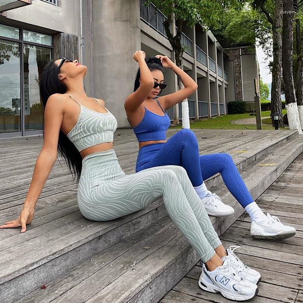 Aktive Sets Nahtloses Yoga-Set Frauen Wellenmuster Sport-BH Tops Fitness Hohe Taille Leggings Tragen Zweiteiler Anzug Trainingsoutfits Fitnessstudio Kleidung