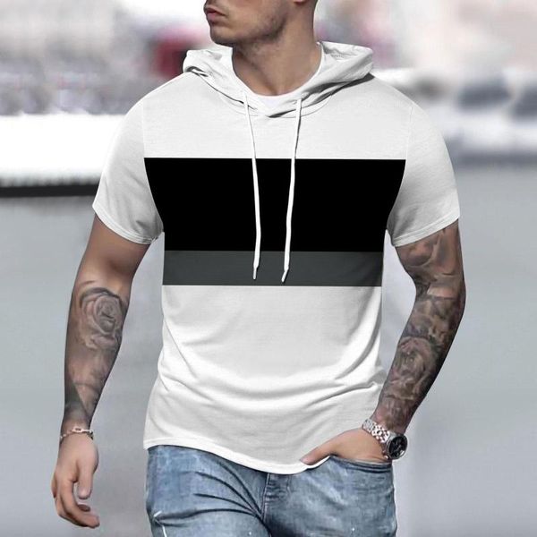 Herren-T-Shirts Männer mit Kapuze T-Shirt im europäischen amerikanischen Stil Kurzarm beiläufiger gestreifter Hoodie Sommerhemd Top Tees-Shirt Herrenbekleidung 2023