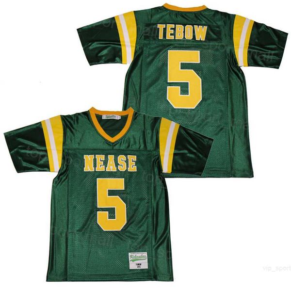 High School Football 5 Tim Tebow Jerseys Autografado Nease Respirável Ed e Bordado Algodão Puro para Fãs do Esporte Cor da Equipe Verde College Moive Pulôver