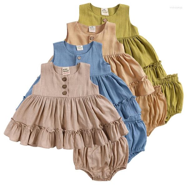 Kleidung Sets Sommer Baby Mädchen Ärmelloses Kleid Baumwolle Leinen Rüschen Prinzessin Kleinkind Weste Rock Shorts 2 Stück Kinder Kinderanzüge