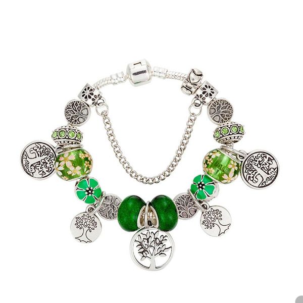 Pulseira de charme verde de árvore genealógica para Pandora 925 Silver Plated Snake Chain Bracelets for Women Girlfriend Gift Hand Chain Jóias