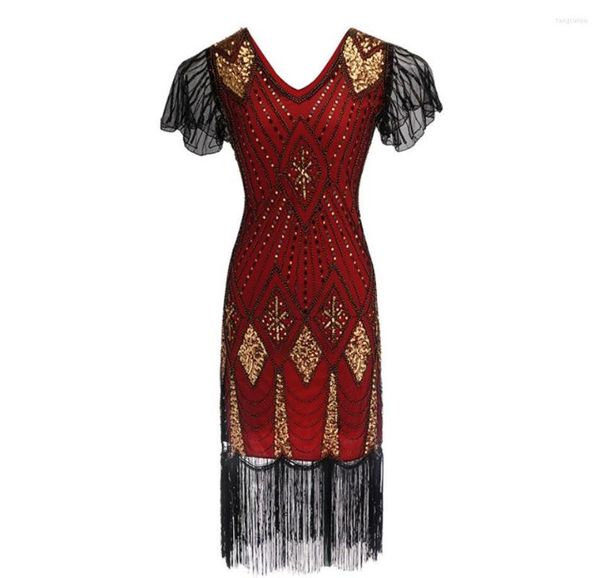 Freizeitkleider 1920er Jahre Edles Goldenes Gepatchtes Kurzarm-Flapperkleid V-Ausschnitt Fransen Midi-Partykostüm Great Gatsby Damen Bodycon Vestido