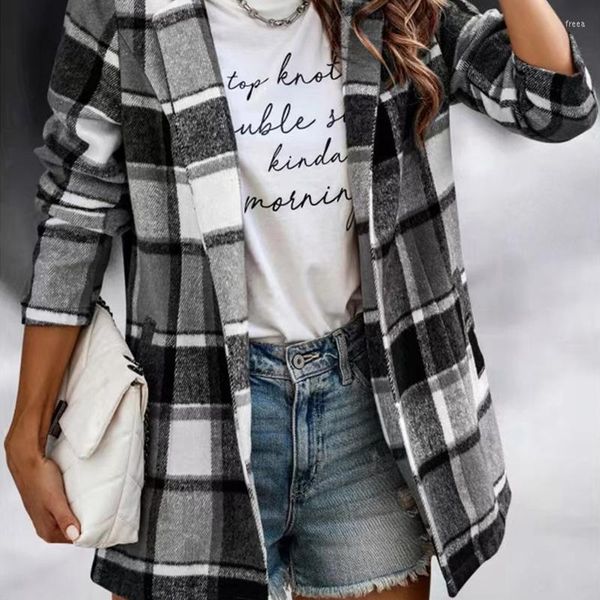 Damen Jacken H9ED Damen Casual Faux Woolen Plaid Revers Kragen Jacke Langarm Open Front Cardigan Winter Lose Oberbekleidung Mantel