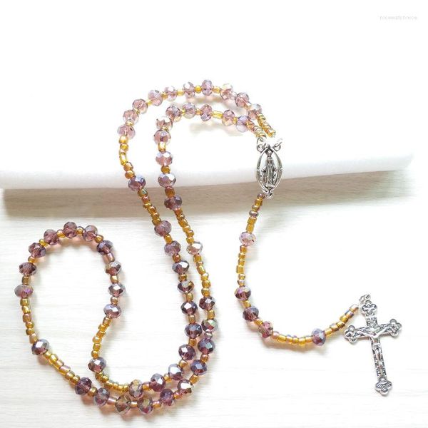 Подвесные ожерелья Quigote Strand Rosaries Purple Crystal Beads Cresess Cross Dlow Католические украшения для женщин