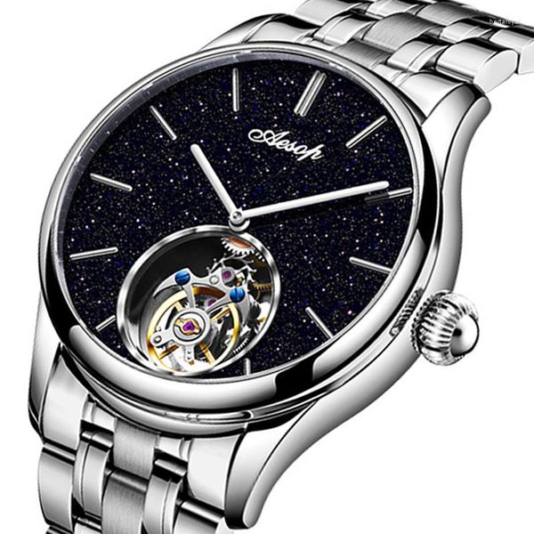 Avanços de pulso Aesop Fyling Tourbillon Watch Mechanical for Men Skeleton Movement Sapphire impermeável aço de luxo Relogio