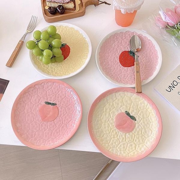 Piatti Piatto Kawaii Fragola Pesca Per Ceramica Carino Rosa Colazione Torta Snack Frutta Dessert Piatto Decorativo Stoviglie Da Cucina