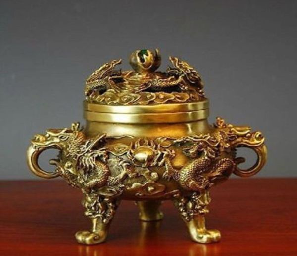 Brass chinês colecionável Nove Dragons Kowloon Incense Burner4013311
