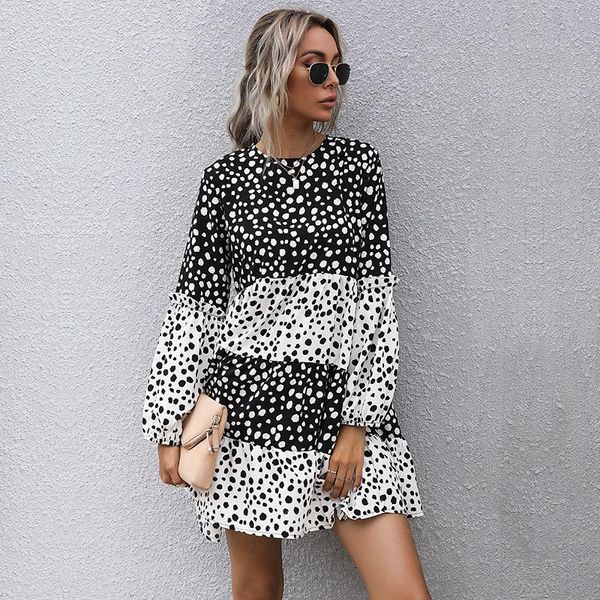 Casual Kleider Frauen Französisch Chiffon Polka Dot Langarm Kleid 2023 Herbst Winter Weibliche Rundhals Schwarz Und Weiß Lose