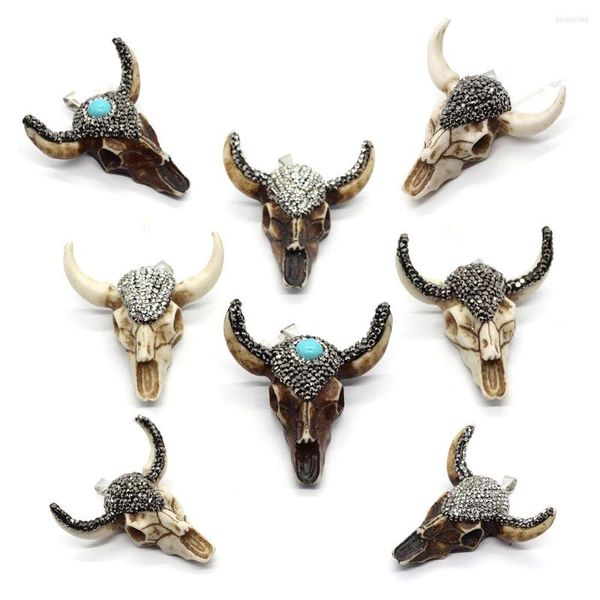 Подвесные ожерелья животных из бычья голова смола модные украшения 47x47 мм инкрустанный натуральный камень со страза DIY