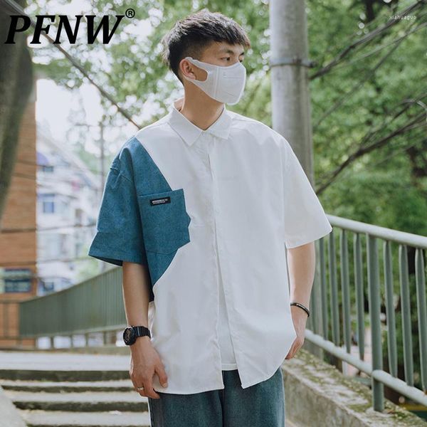 Camicie casual da uomo PFNW Primavera Estate T-shirt a maniche corte stile giapponese da uomo Colori contratti Patchwork Baggy Trendy Y2k Top per il tempo libero