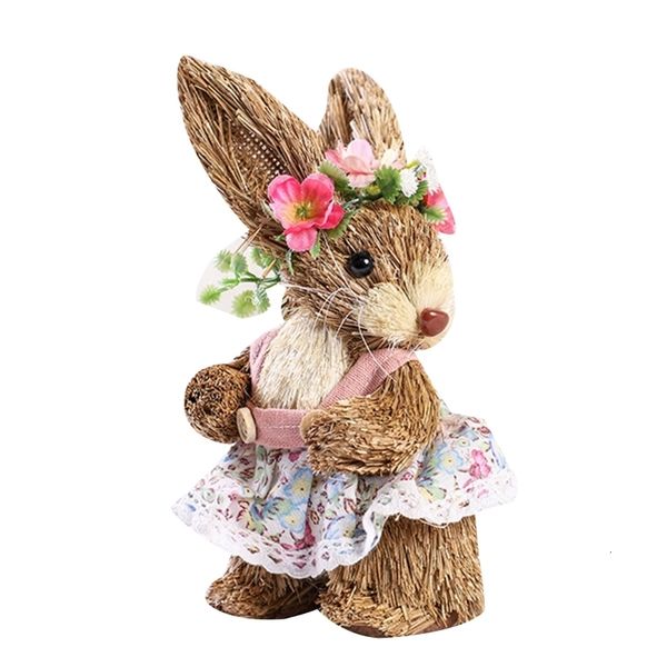 Dekorationsobjekte Ostern Stroh Kaninchen Ornament Kreative künstliche Häschenpuppe mit Blumenkranz Schürze Stehfigur Urlaub Party Zuhause Q1FD 230418